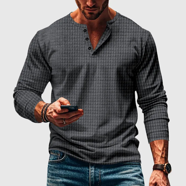 Stellar Atelier™️ | Casual Textured Plaid Slim Fit Long Sleeve Henley T-Shirt