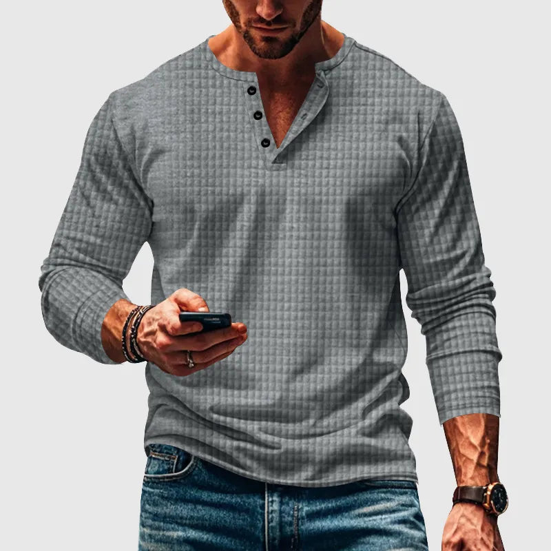 Stellar Atelier™️ | Casual Textured Plaid Slim Fit Long Sleeve Henley T-Shirt