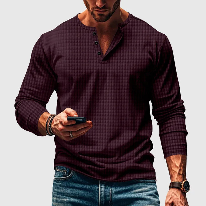 Stellar Atelier™️ | Casual Textured Plaid Slim Fit Long Sleeve Henley T-Shirt