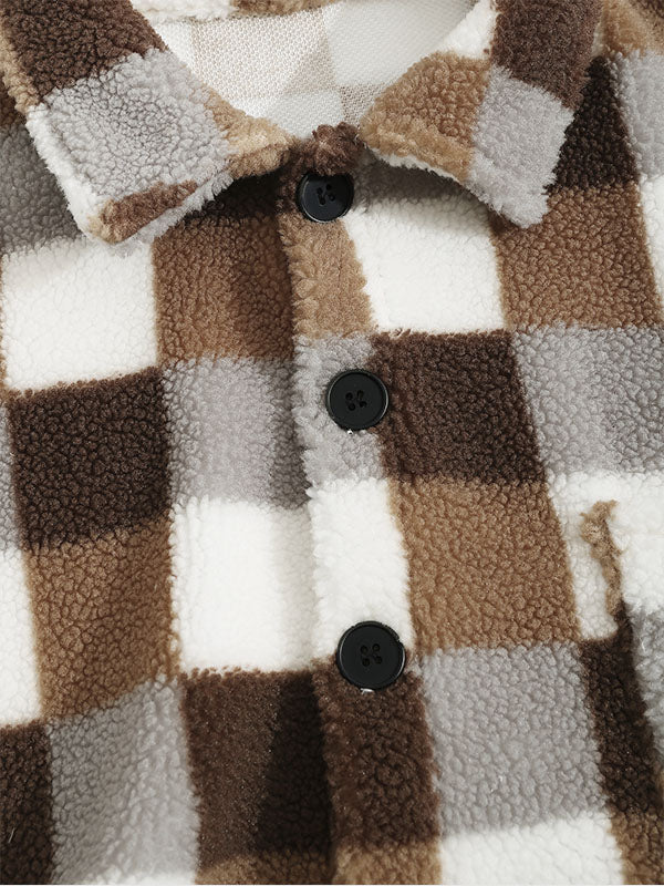 Men's Classic Plaid Faux Fur Jacket with Lapel Collar and Single Pocket