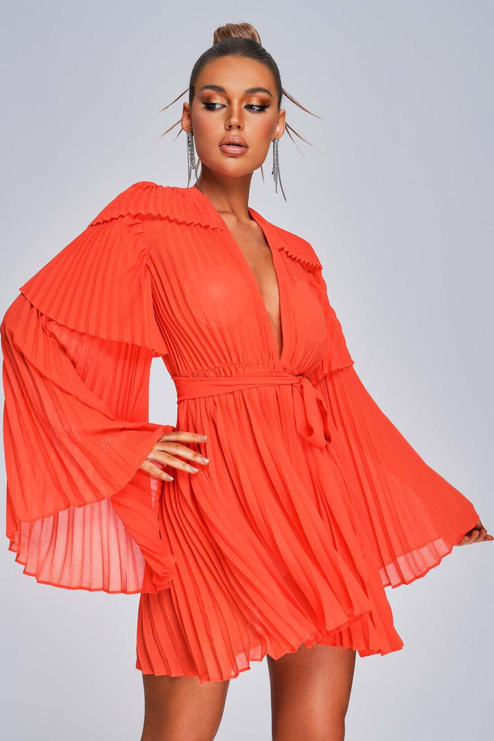 Dekia short dress with openwork ruffles and long sleeves