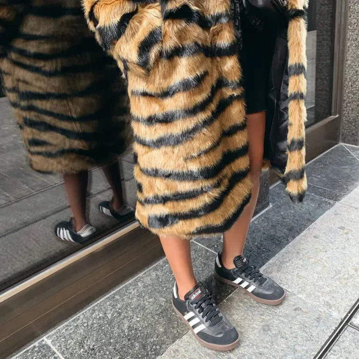 Wild Elegance Imitation Tiger Fur Coat