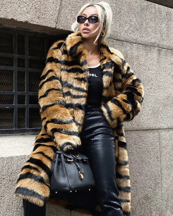 Wild Elegance Imitation Tiger Fur Coat