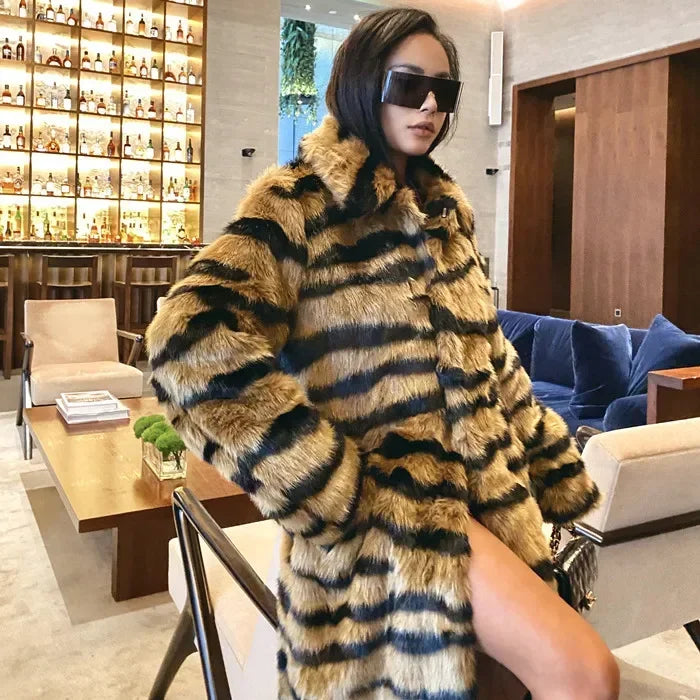 Wild Elegance Imitation Tiger Fur Coat