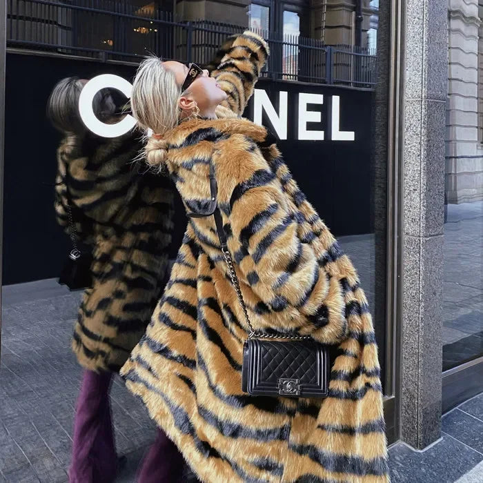 Wild Elegance Imitation Tiger Fur Coat