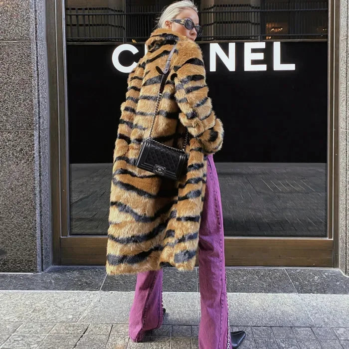 Wild Elegance Imitation Tiger Fur Coat