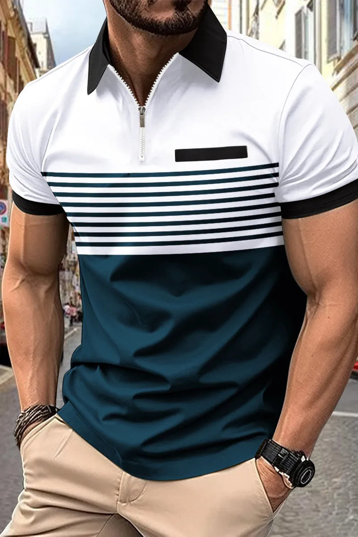 Urban Reverie™️ | Short-sleeved half-zip striped polo shirt with turn-down collar