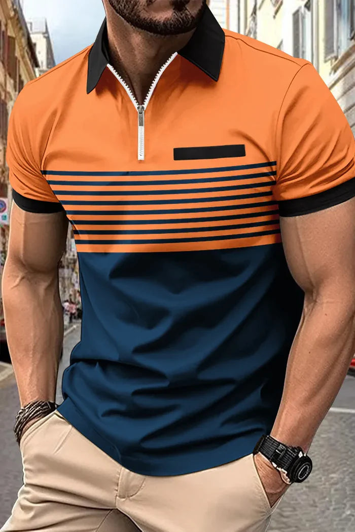 Urban Reverie™️ | Short-sleeved half-zip striped polo shirt with turn-down collar