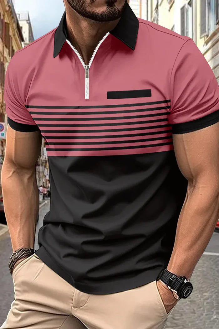 Urban Reverie™️ | Short-sleeved half-zip striped polo shirt with turn-down collar