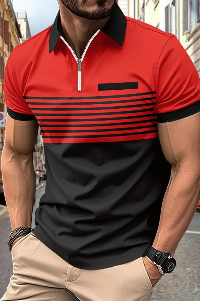 Urban Reverie™️ | Short-sleeved half-zip striped polo shirt with turn-down collar