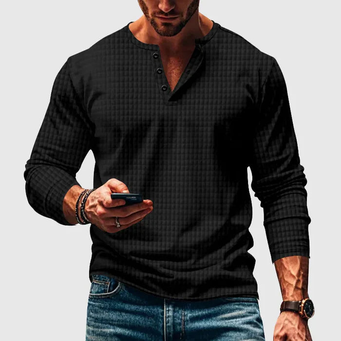 Stellar Atelier™️ | Casual Textured Plaid Slim Fit Long Sleeve Henley T-Shirt