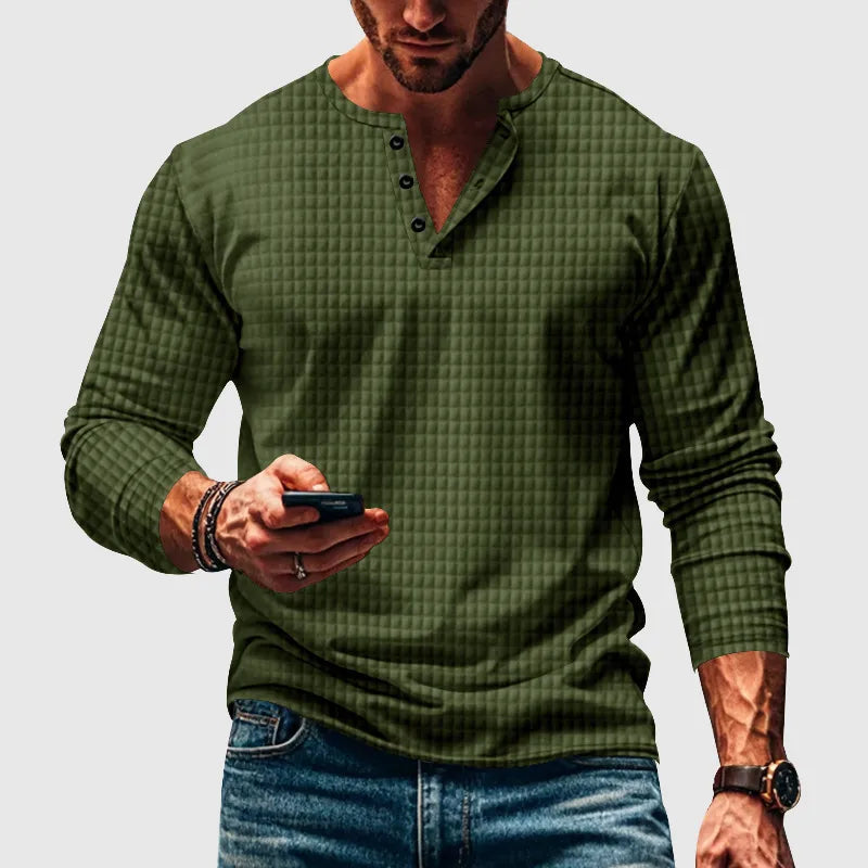 Stellar Atelier™️ | Casual Textured Plaid Slim Fit Long Sleeve Henley T-Shirt